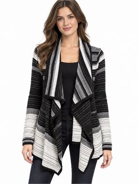 Ivanka Trump Black White Striped Waterfall Open Front Cardigan